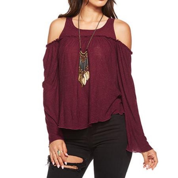Chaser Tops - CHASER Cold Shoulder Bell Sleeve Sangria Top L